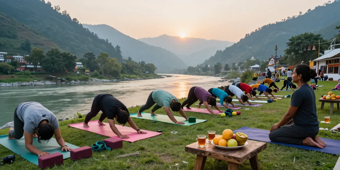 Yoga teacher training in Rishikesh India, students practicing asanas by the Ganges River during sunrise.
