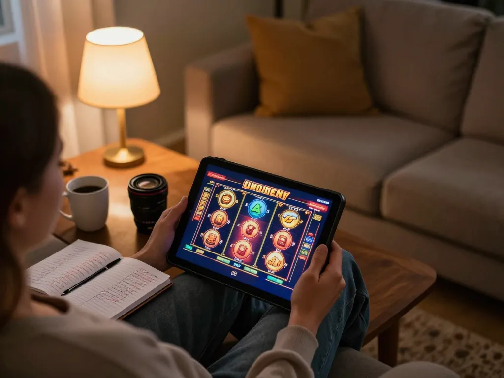 Engaging in online slot gameplay on a tablet in a cozy home setting, showcasing strategies for winning.