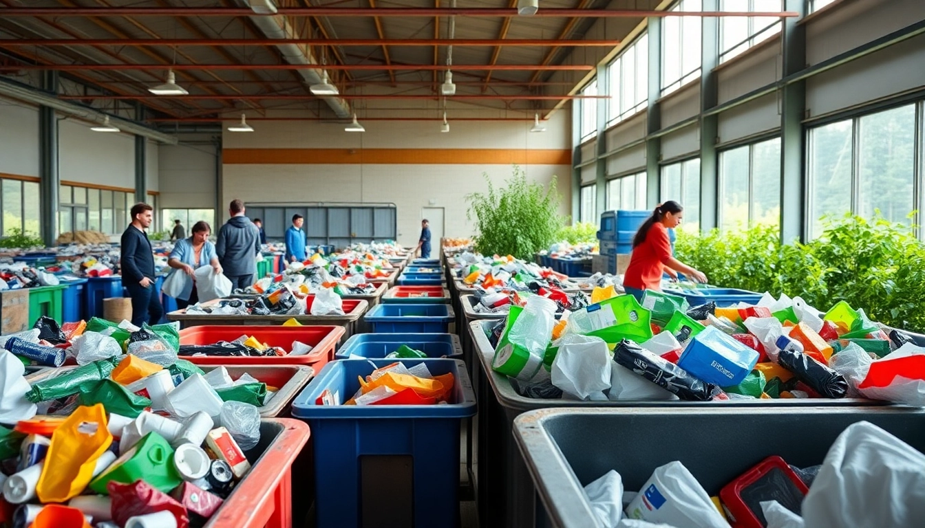 Engaging scene of cold lake recycling efforts with people actively sorting materials in a vibrant center.