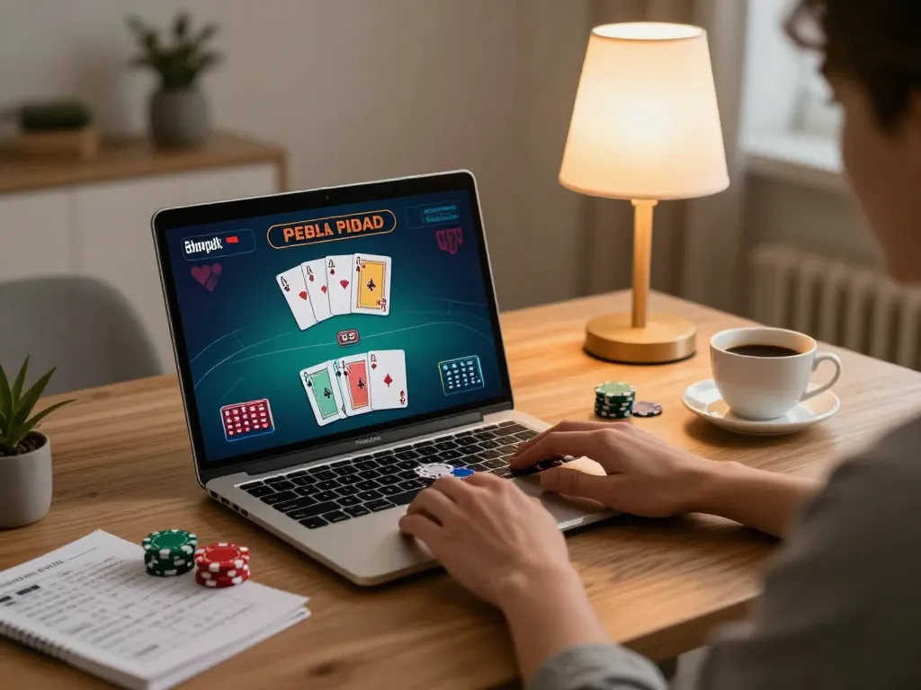 Player engaging in blackjack at 98win online casino from cozy home setup, showcasing strategy notes.