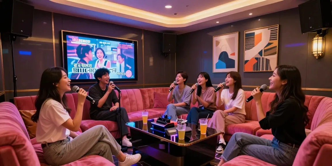 강남 가라오케의 고급스러운 노래방 내부, 친구들이 즐겁게 노래하며 웃고 있는 모습