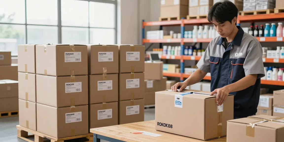 ROKOK88 waterproof and airtight box packaging in a modern warehouse, showcasing product protection and quality control.