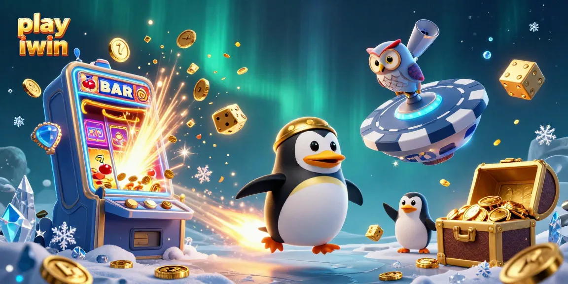 Play iwin with a vibrant casino scene featuring a golden penguin and slot machine action.