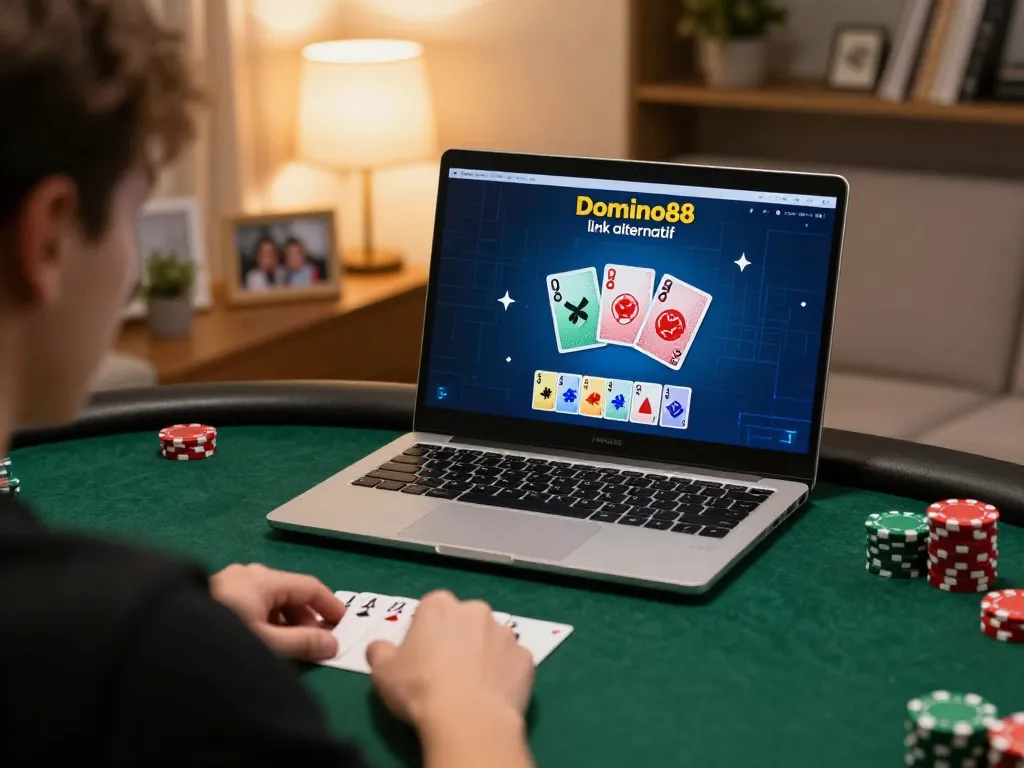 Engaging online poker gaming experience featuring domino88 link alternatif on screen in cozy home setting.