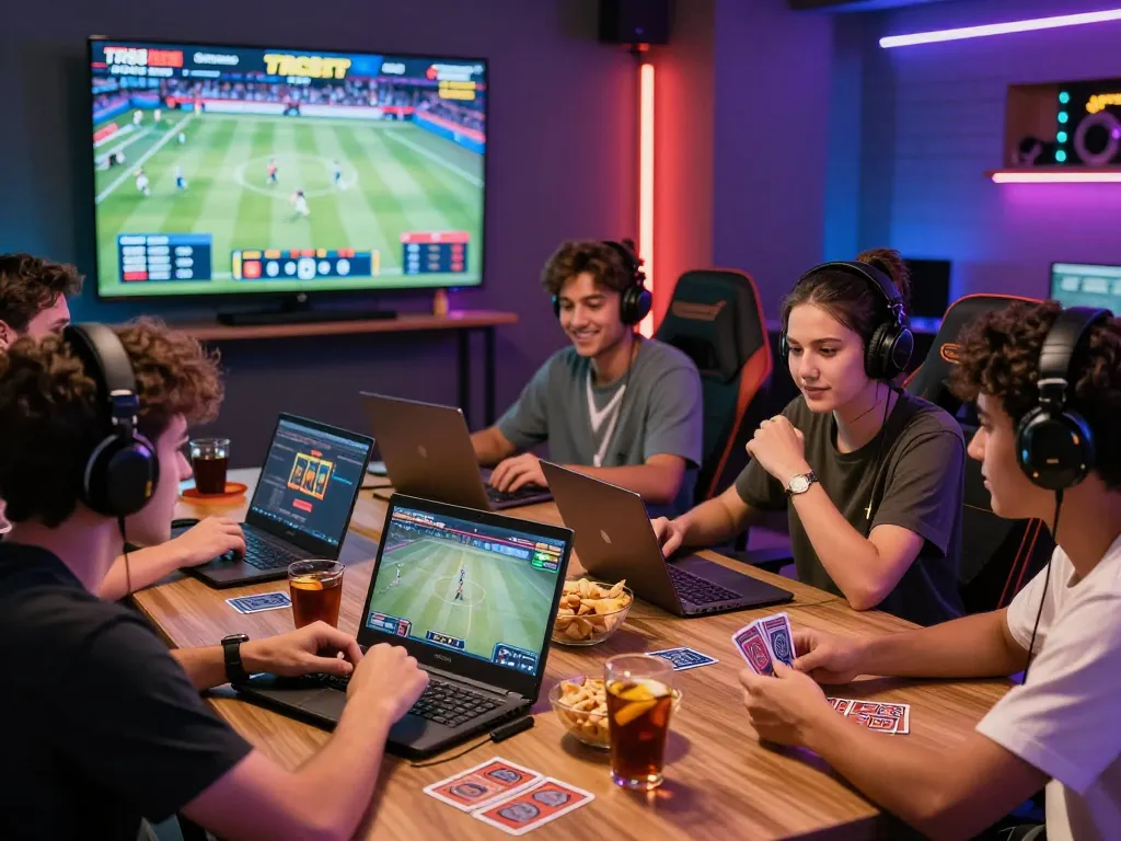 Friends engaged in an exciting gaming night at TR88 bet, showcasing camaraderie and vibrant atmosphere.
