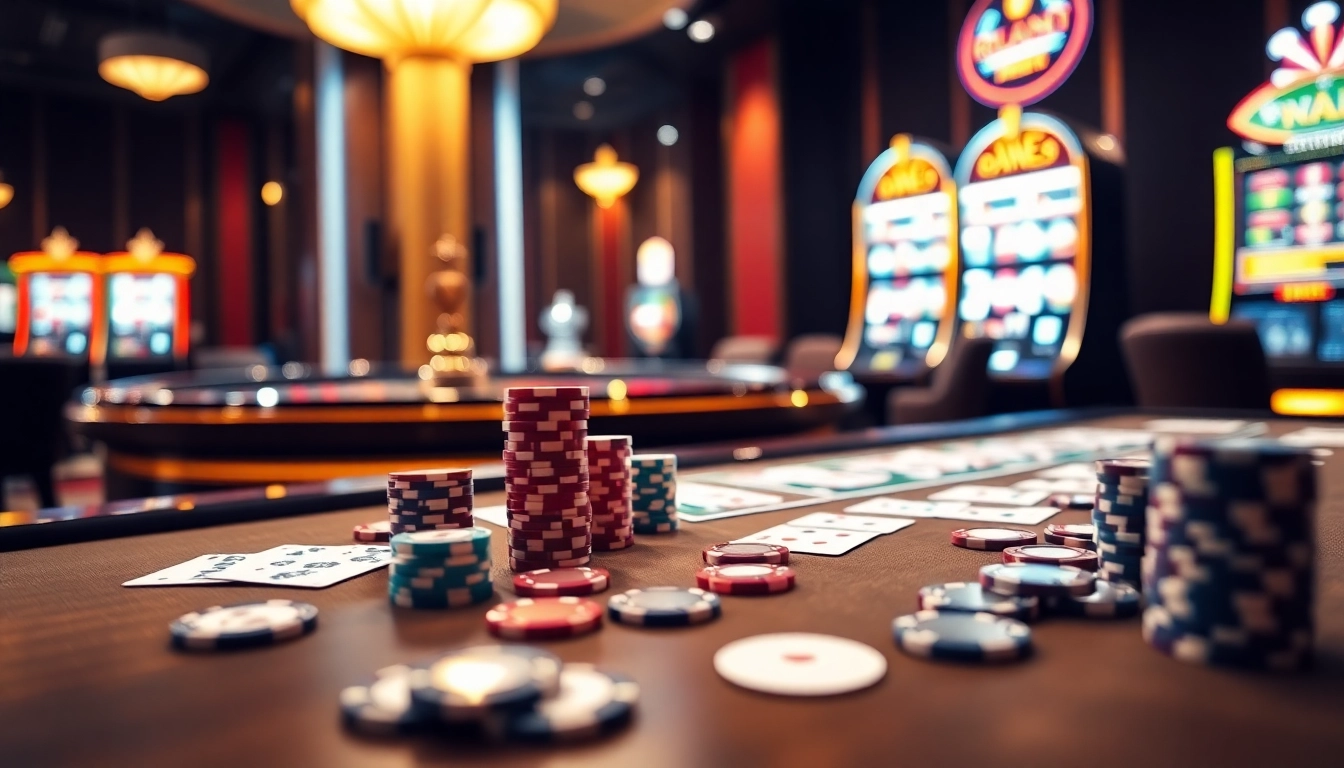 IWIN68 gaming table with vibrant poker chips and cards in an exciting casino atmosphere.