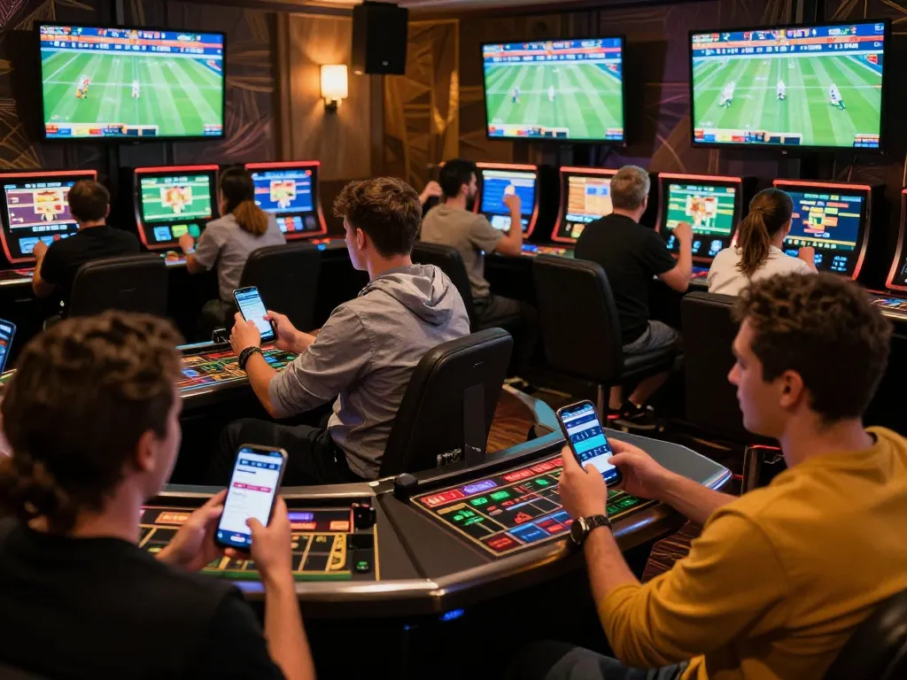 Sports betting excitement on Trang chủ with players engaging on mobile apps in lively casino