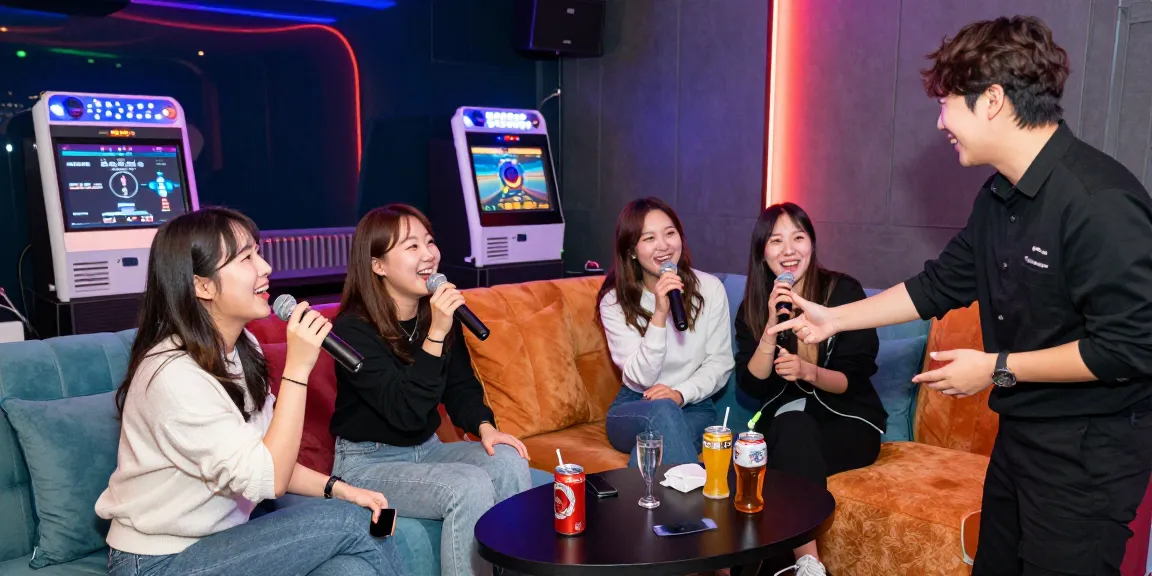 인천쓰리노에서 친구들과 즐거운 밤을 보내는 모습, 화려한 조명과 스타일리시한 인테리어가 돋보이는 개인 룸 속에서의 행복한 분위기.