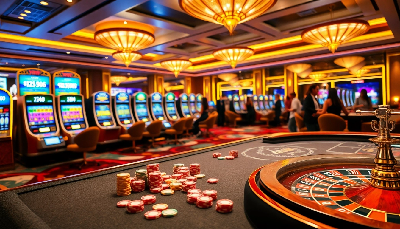 Exciting online gambling scene featuring gk88 đăng nhập with vibrant slots and poker tables.