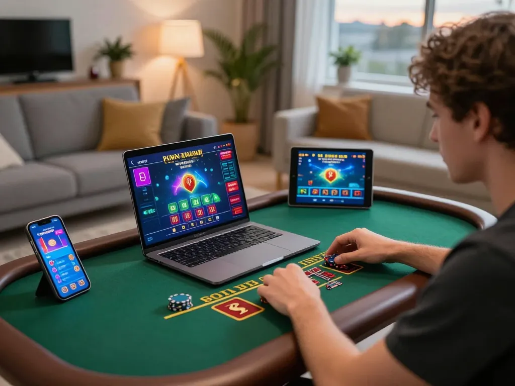 Player enjoying an immersive blackjack game on their laptop at home with TV88, showcasing strategic online gambling