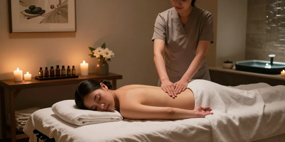 마사지 체험을 위한 편안한 스파 룸의 모습과 아로마 캔들, 마사지 테이블과 자연 요소들