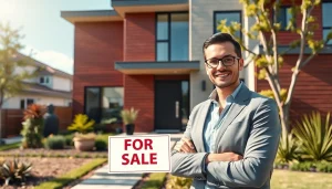 Highlighting real estate agent showcasing a modern home with vibrant colors and inviting atmosphere.