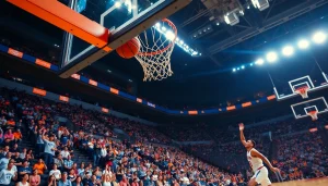 nba중계 중 활기찬 농구 경기의 슬램 덩크 장면을 포착한 사진