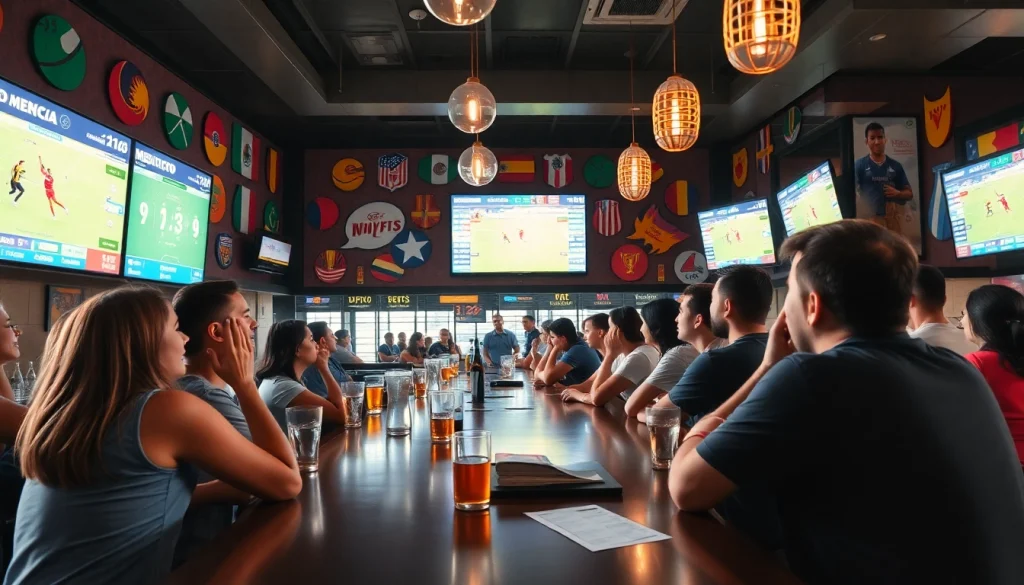 Engaging scene of sports betting Mexico in a vibrant bar with fans and live odds.