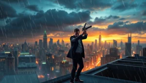 Protagonist from Politics Thieves and Bullets stands on a rooftop, ready for action against a dramatic city backdrop.