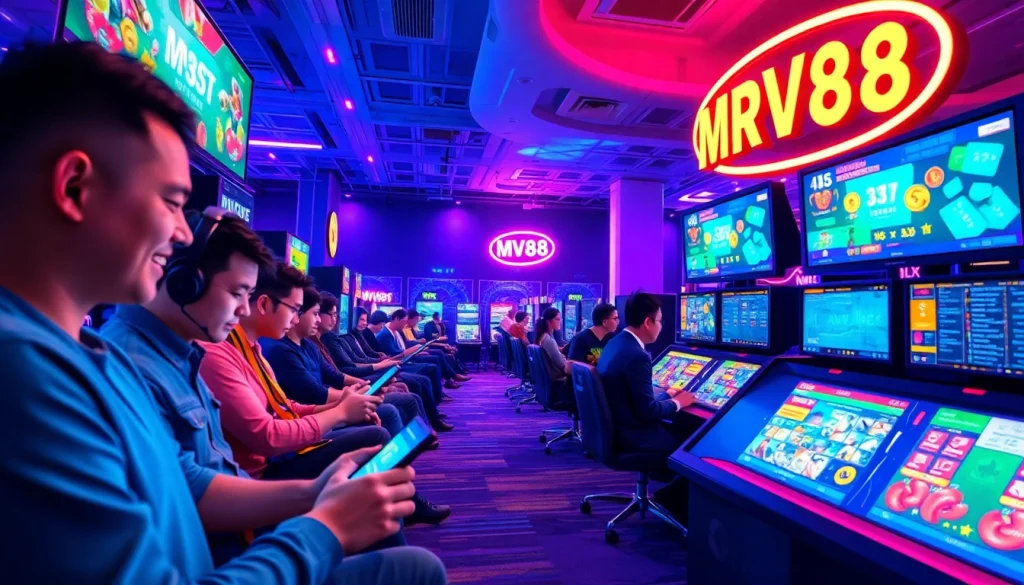 Online gaming scene with MV88 platform, showcasing vibrant interfaces and players engaged in action.