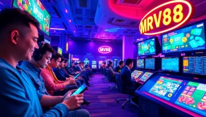 Online gaming scene with MV88 platform, showcasing vibrant interfaces and players engaged in action.