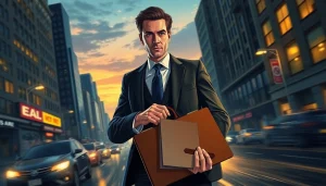 Engaging scene from Politics Thieves and Bullets with a confident protagonist in an urban setting.