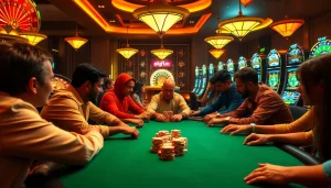 Experience the excitement of Okfun at a dynamic poker table with colorful chips and players.