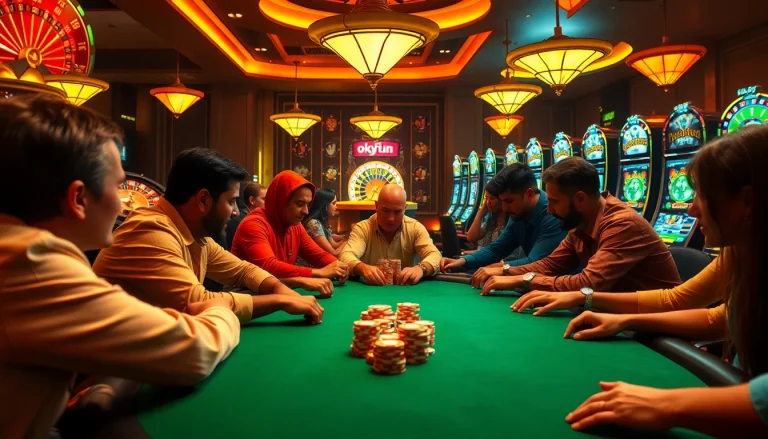 Experience the excitement of Okfun at a dynamic poker table with colorful chips and players.