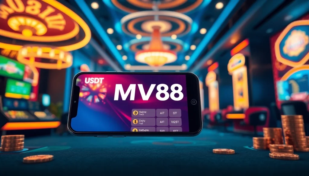 MV88 app interface on a mobile device in a luxurious online gambling setting, emphasizing secure transactions.