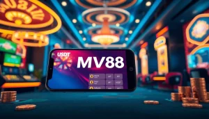 MV88 app interface on a mobile device in a luxurious online gambling setting, emphasizing secure transactions.
