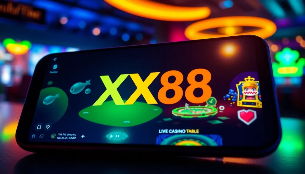 Engaging digital betting scene featuring the XX88 logo and popular games.