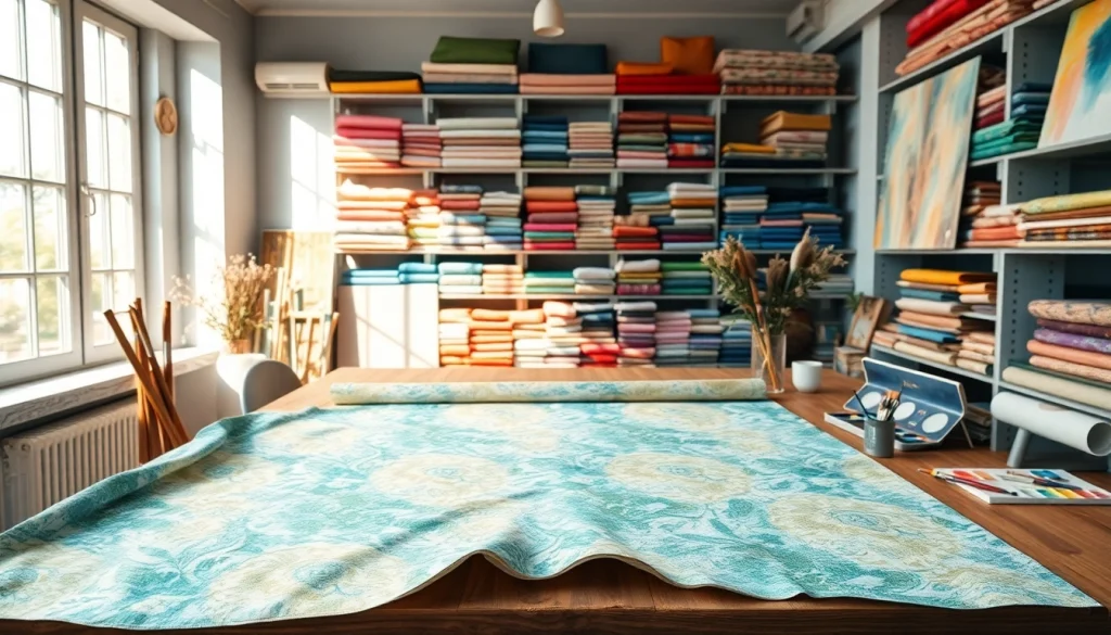 Canvasstoffen in een kunstenaarsatelier met verf en penselen op een tafel.