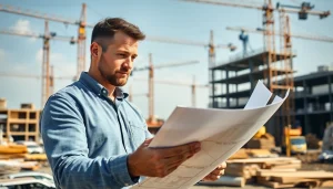 Manhattan Construction Manager analyzing plans at a job site with cranes and materials.