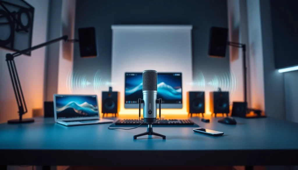 MV88 microphone showcased in a modern home studio setup with Apple devices and sound waves.