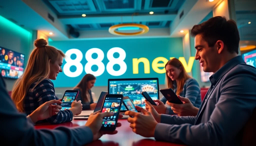 Engaging scene of users enjoying online games on 888new platform, showcasing vibrant colors and technology.
