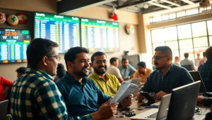 Engaging bettors exploring sports betting sites India in a dynamic atmosphere filled with screens and excitement.