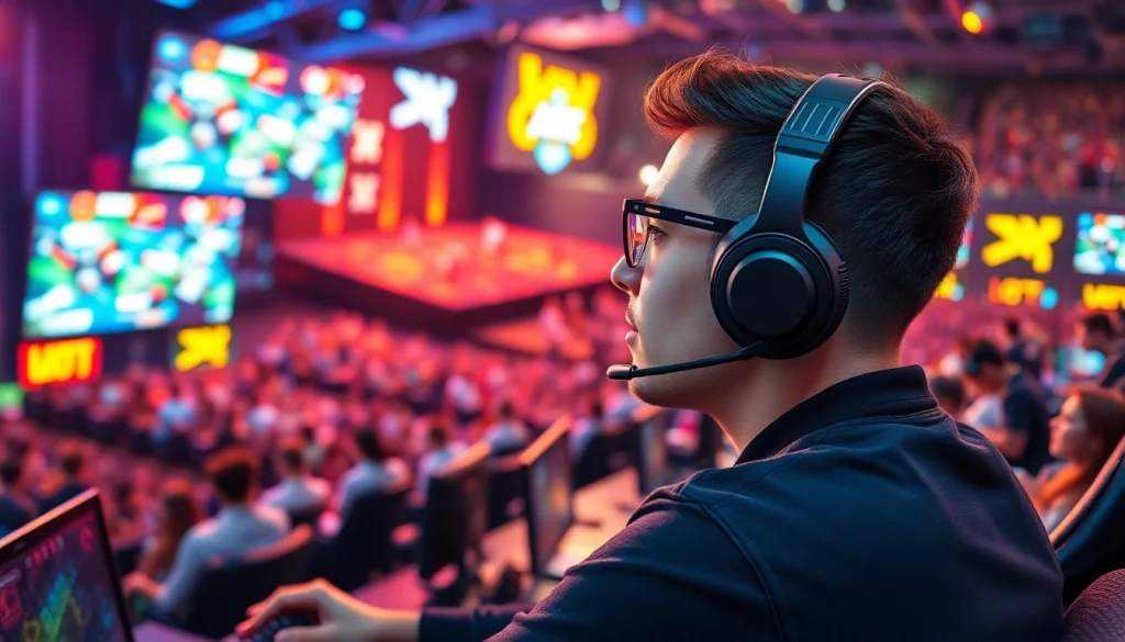 79king player triumphantly competing in esports arena buzzing with excitement.