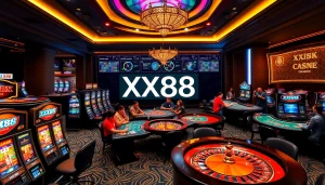 Players enjoying exciting games at XX88 casino, featuring vibrant slot machines and roulette wheels.