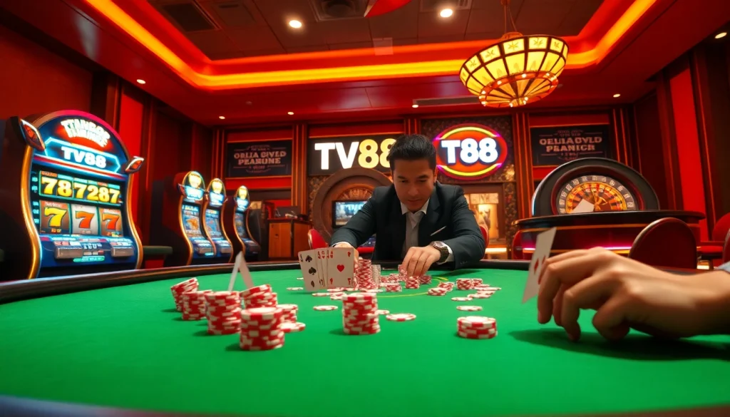 Engaging scene of players at a casino table with TV88 branding, capturing the thrill of gambling.