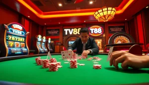 Engaging scene of players at a casino table with TV88 branding, capturing the thrill of gambling.
