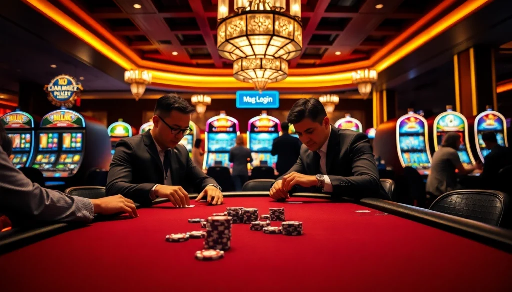 Experience the thrill of gambling with Mag Login on a vibrant poker table in a luxurious casino.