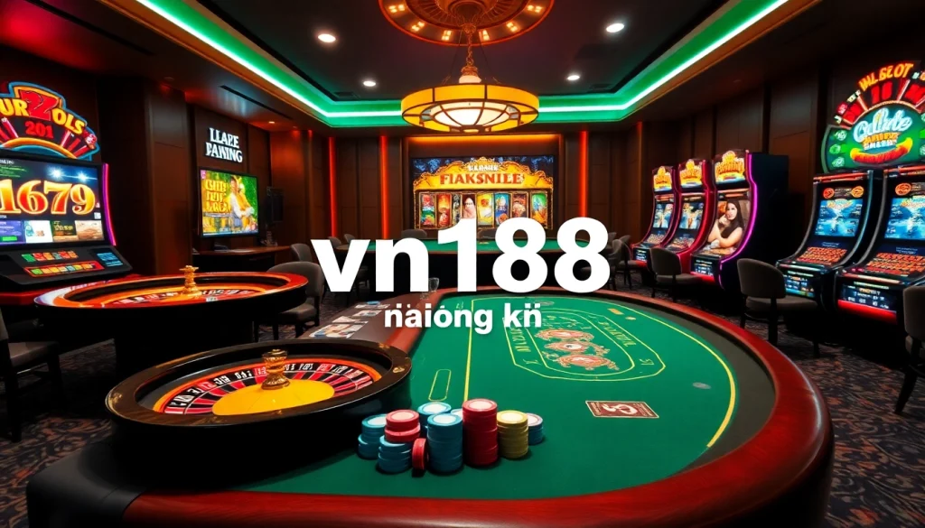 Engaging gambling action at VN168 đăng ký with casino tables, poker chips, and a roulette wheel.