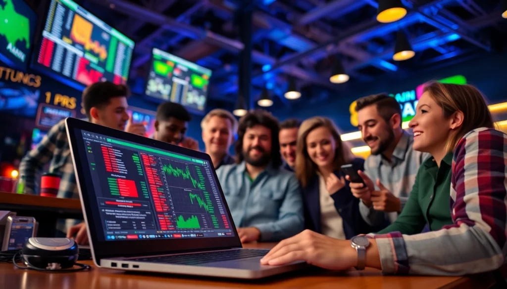 Engaged bettors analyzing odds for online sports betting Georgia in a vibrant sports bar atmosphere.