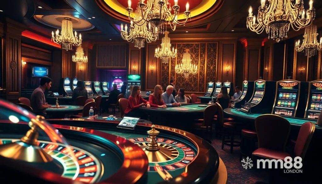 Players enjoying various casino games at mm88 london, featuring dynamic roulette and slot machines.