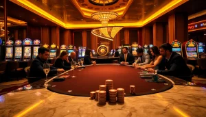 KJ C casino scene with poker players focused on high-stakes games and vibrant slot machines.