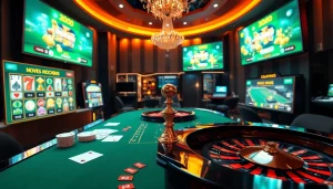 KJC Football's online casino scene featuring poker cards and roulette wheels for gamers.