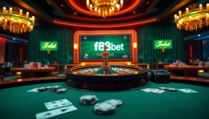 f88bet casino scene with roulette, poker chips, and digital interface