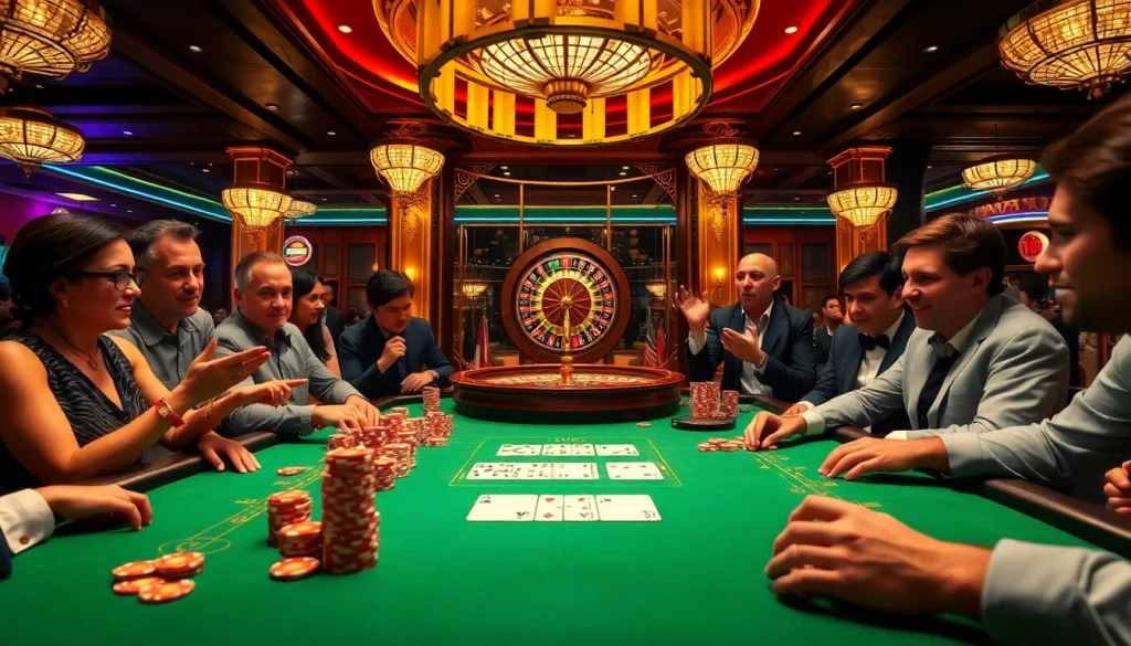 Excited players at a poker table in a luxurious casino setting with rr88 com elements.