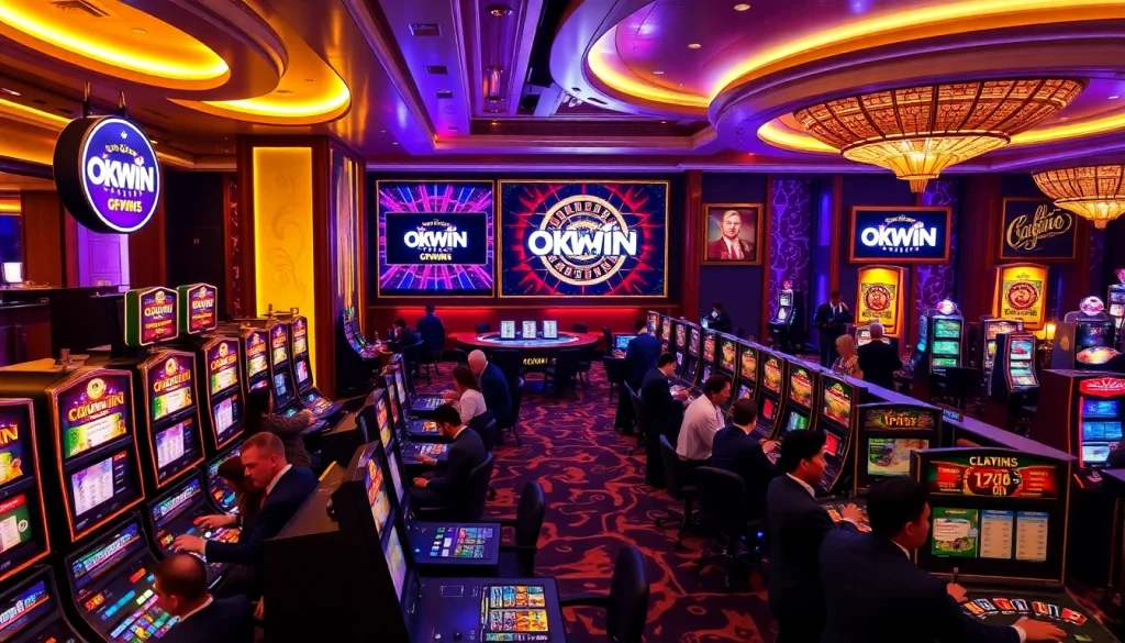 okwin login interface displayed among lively casino games and players enjoying the experience.