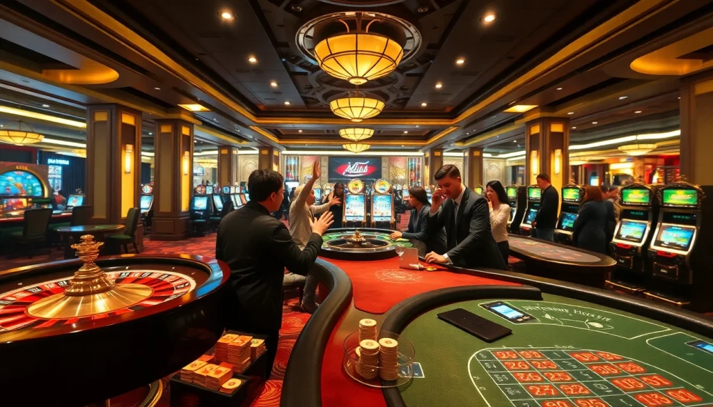 Experience the thrill of khela88 casino gaming with vibrant tables, players, and slot machines.
