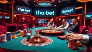 Experience thrilling gambling excitement with tha-bet at a luxurious casino table featuring vibrant chips and online betting displays.