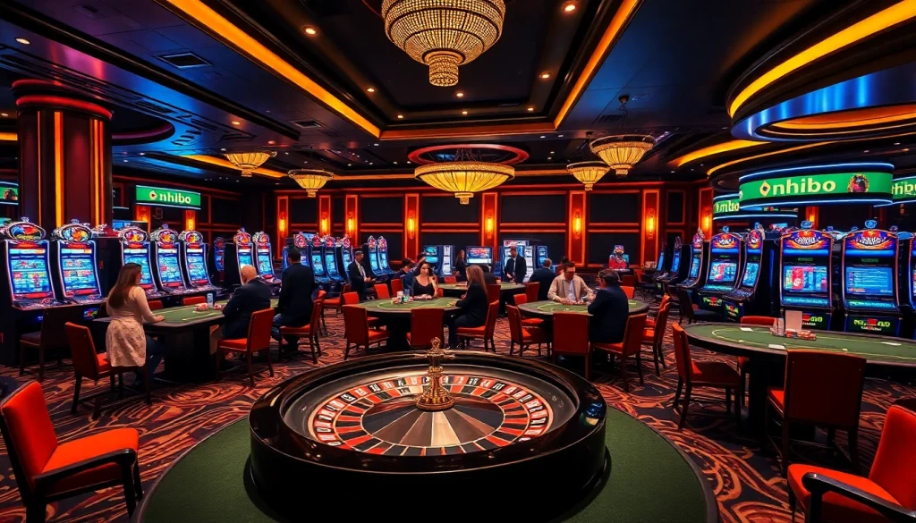 Nohu90 players enjoying a thrilling gaming experience at chic casino tables with vibrant slot machines.