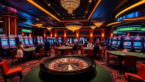 Nohu90 players enjoying a thrilling gaming experience at chic casino tables with vibrant slot machines.