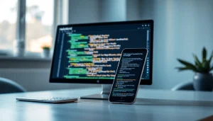 HelloWorld software interface connecting computer and smartphone, showcasing multilingual features.